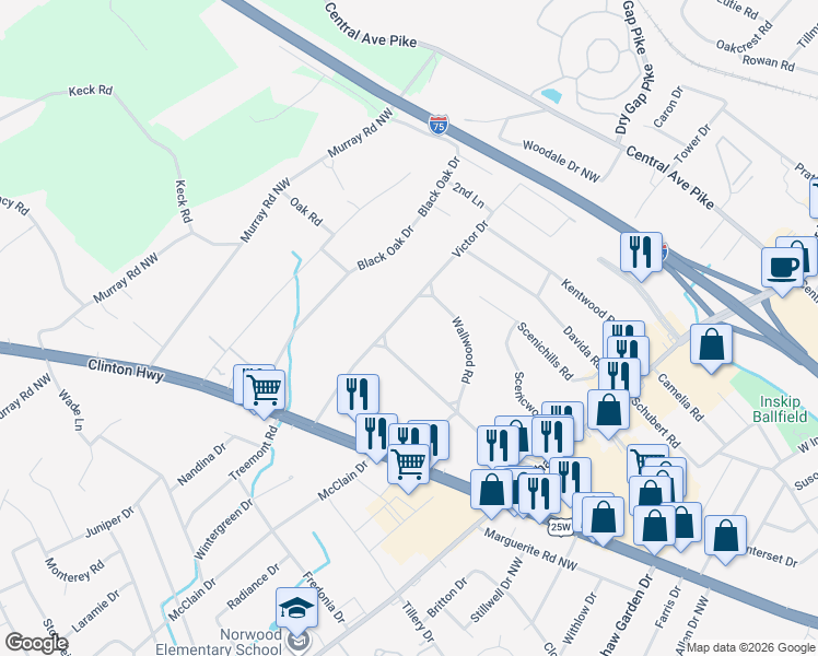 map of restaurants, bars, coffee shops, grocery stores, and more near 5708 Ridgefield Road in Knoxville