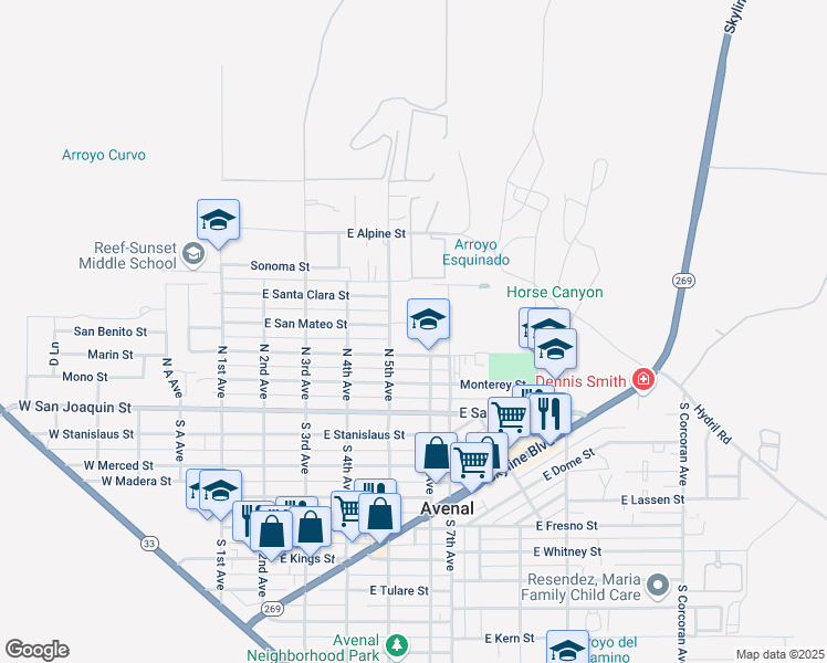 map of restaurants, bars, coffee shops, grocery stores, and more near 601 East Mariposa Street in Avenal