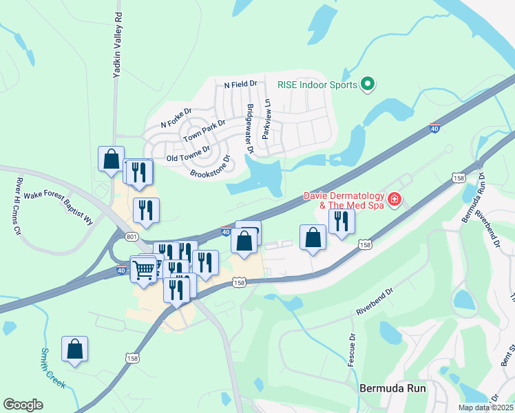 map of restaurants, bars, coffee shops, grocery stores, and more near 149 Pinewood Lane in Bermuda Run