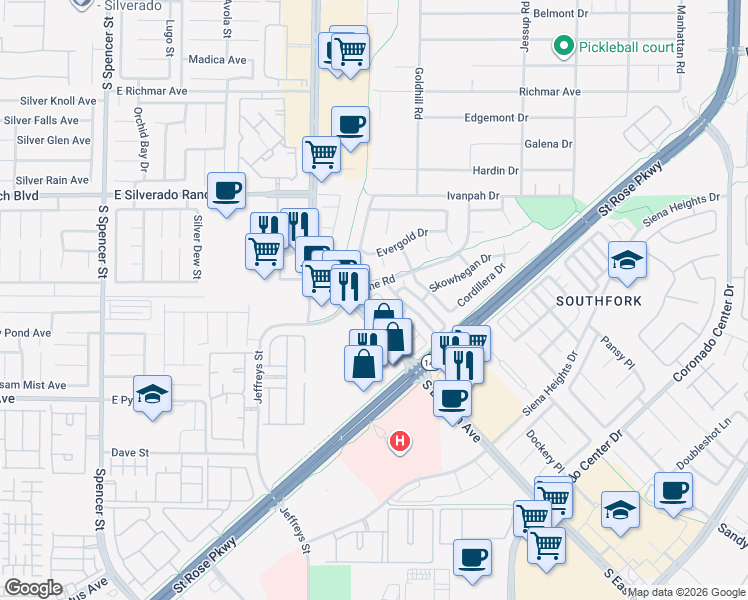 map of restaurants, bars, coffee shops, grocery stores, and more near 2906 Rivulet Lane in Henderson