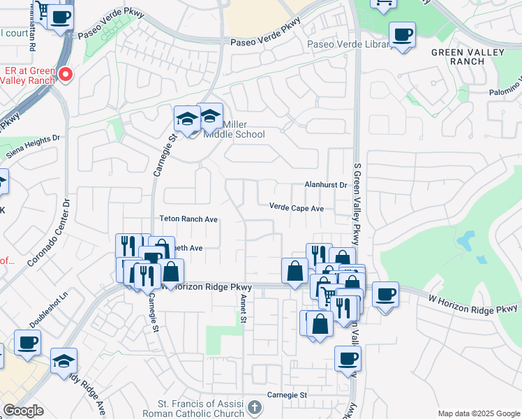 map of restaurants, bars, coffee shops, grocery stores, and more near 2251 Verde Cape Avenue in Henderson