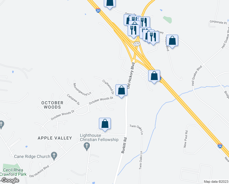 map of restaurants, bars, coffee shops, grocery stores, and more near 5508 Craftwood Drive in Nashville