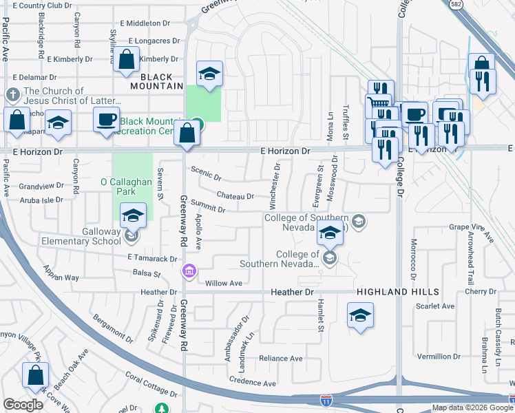 map of restaurants, bars, coffee shops, grocery stores, and more near 635 Chimney Rock Drive in Henderson