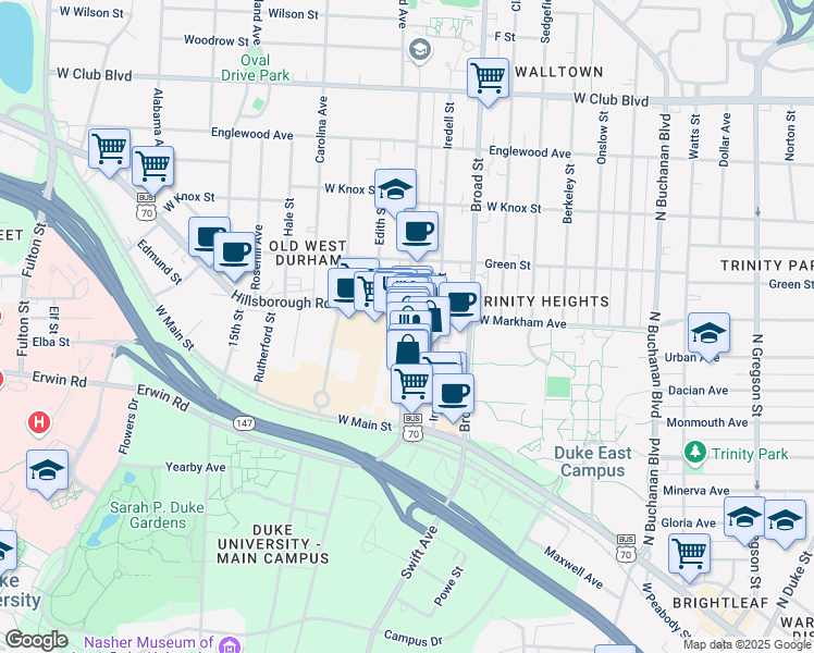 map of restaurants, bars, coffee shops, grocery stores, and more near 723 9th Street in Durham