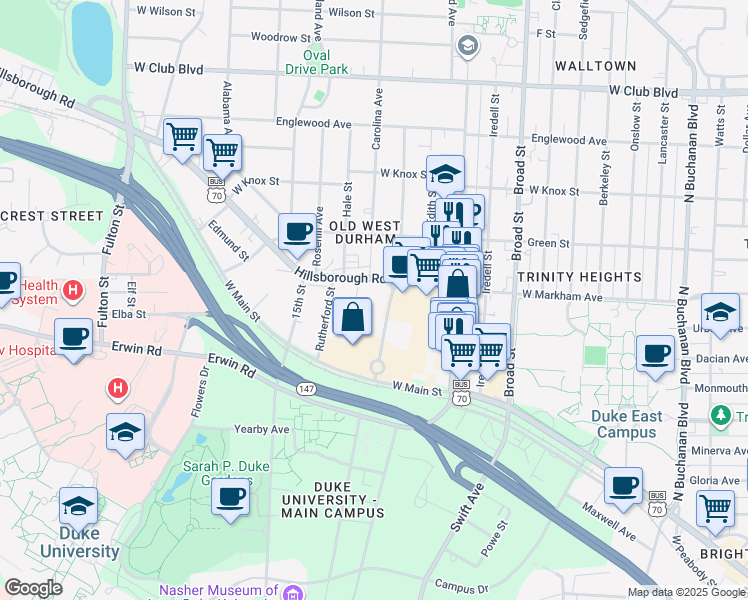 map of restaurants, bars, coffee shops, grocery stores, and more near 2211 Hillsborough Road in Durham