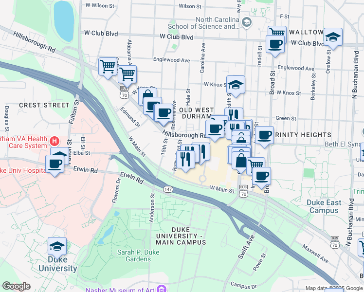 map of restaurants, bars, coffee shops, grocery stores, and more near 707 Bolton Street in Durham