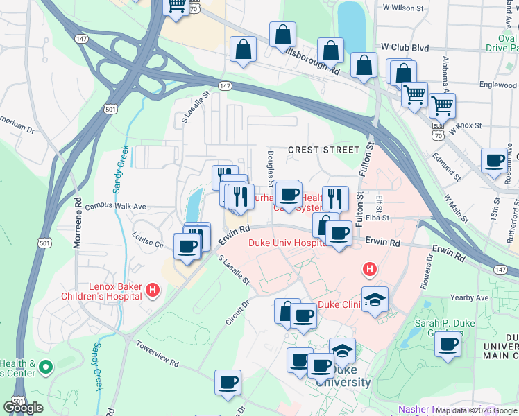 map of restaurants, bars, coffee shops, grocery stores, and more near 2526 Erwin Road in Durham