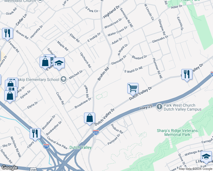 map of restaurants, bars, coffee shops, grocery stores, and more near 606-800 Heins Court in Knoxville