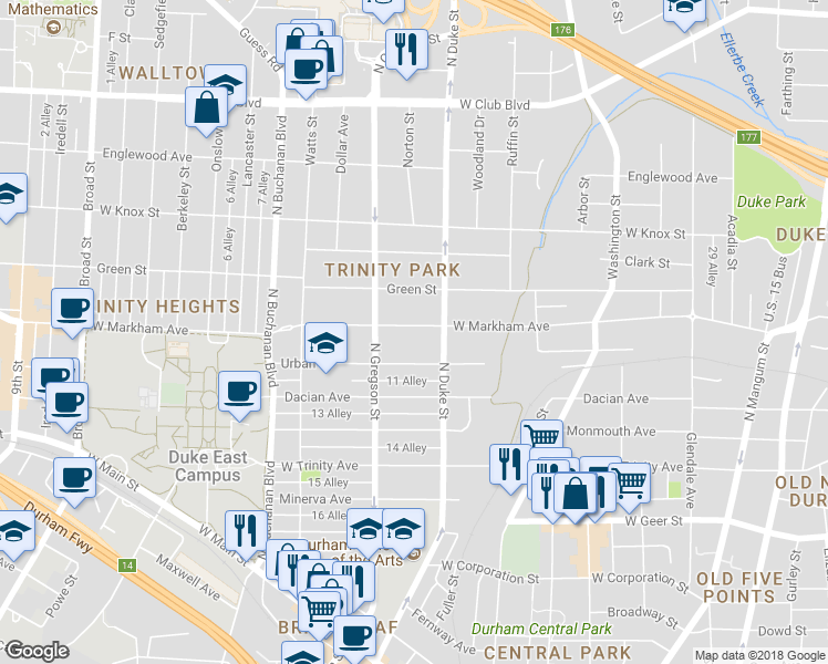 map of restaurants, bars, coffee shops, grocery stores, and more near 913 West Markham Avenue in Durham