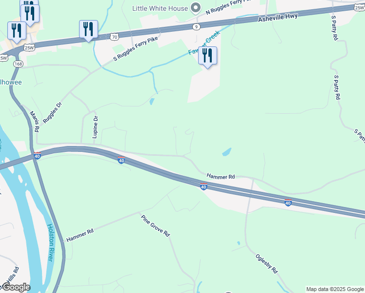map of restaurants, bars, coffee shops, grocery stores, and more near 6453-6499 Manis Road in Knoxville
