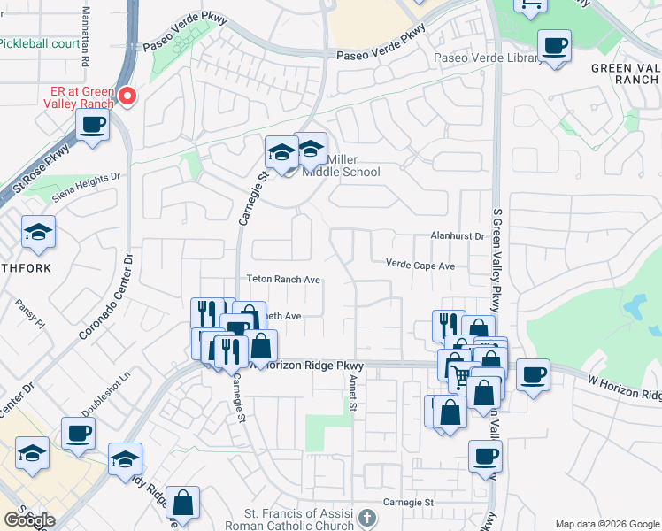 map of restaurants, bars, coffee shops, grocery stores, and more near 2267 Muir Court in Henderson