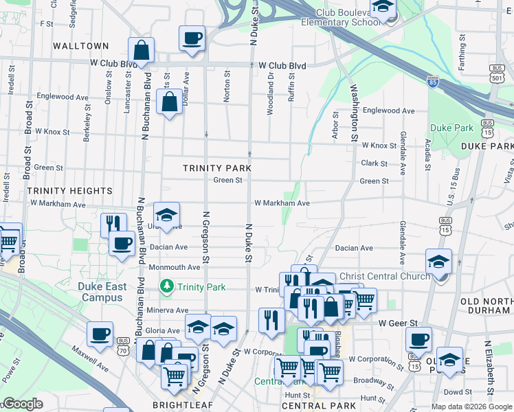 map of restaurants, bars, coffee shops, grocery stores, and more near 1000 North Duke Street in Durham