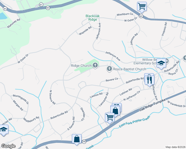 map of restaurants, bars, coffee shops, grocery stores, and more near 464 Robertsville Road in Oak Ridge
