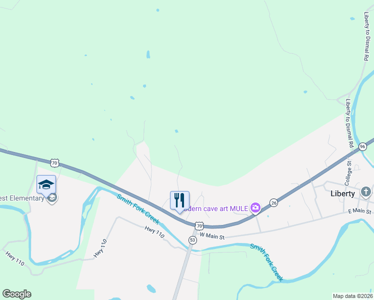 map of restaurants, bars, coffee shops, grocery stores, and more near 483 Tubbs Street in Liberty