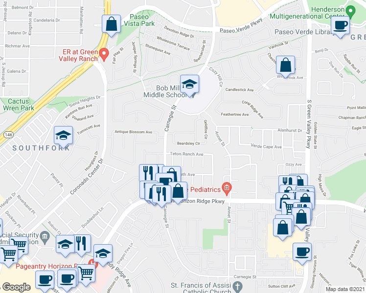 map of restaurants, bars, coffee shops, grocery stores, and more near 466 Beardsley Circle in Henderson