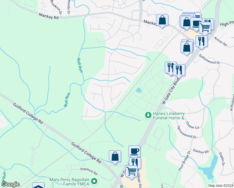map of restaurants, bars, coffee shops, grocery stores, and more near 5410 Creek Point Court in Greensboro