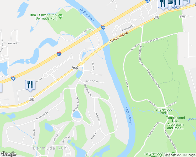 map of restaurants, bars, coffee shops, grocery stores, and more near 153 Boxwood Circle in Advance
