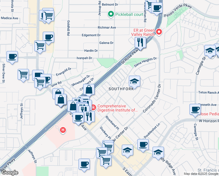 map of restaurants, bars, coffee shops, grocery stores, and more near 510 Crepes Place in Henderson