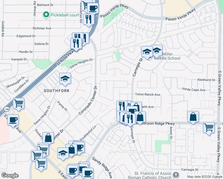 map of restaurants, bars, coffee shops, grocery stores, and more near 505 Enchanted Lakes Drive in Henderson