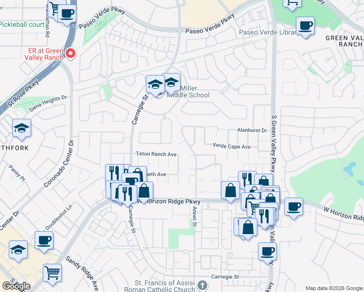 map of restaurants, bars, coffee shops, grocery stores, and more near 2267 Muir Court in Henderson