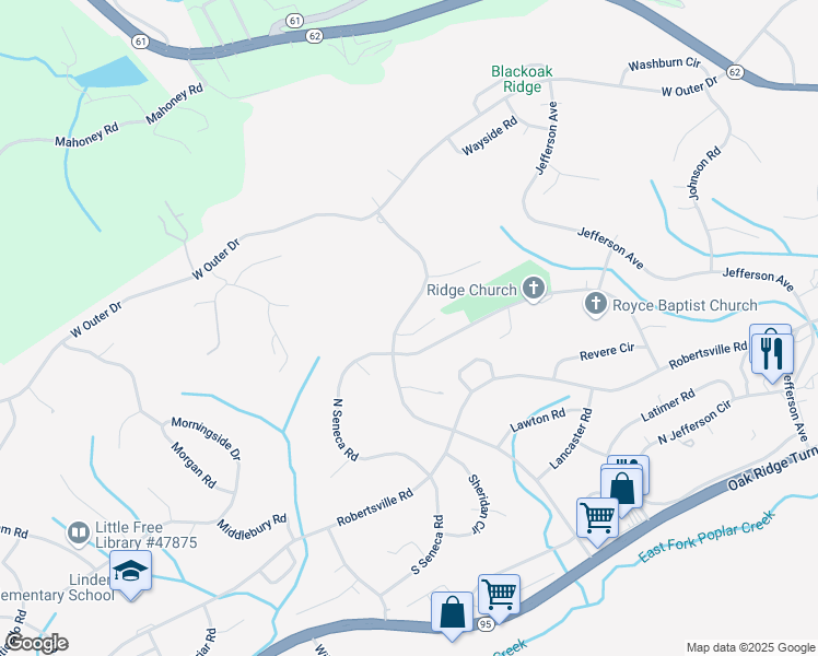 map of restaurants, bars, coffee shops, grocery stores, and more near 317 Louisiana Avenue in Oak Ridge