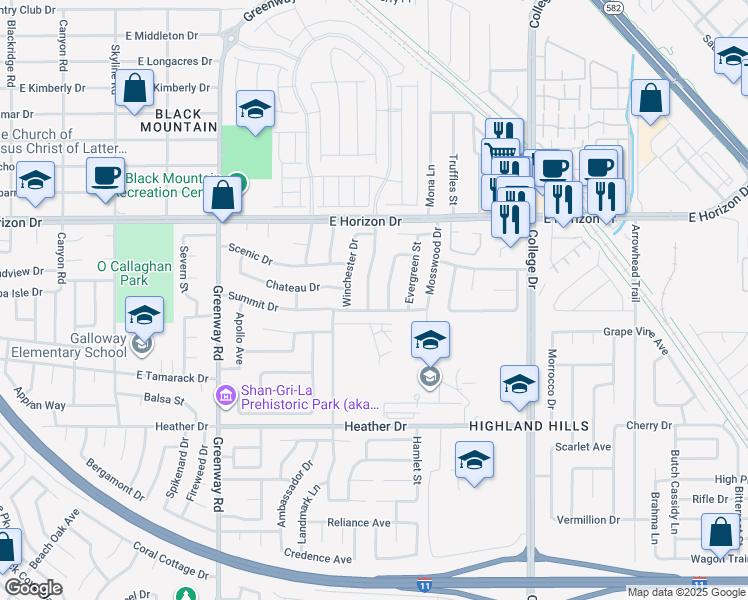 map of restaurants, bars, coffee shops, grocery stores, and more near 628 Hidden Valley Drive in Henderson