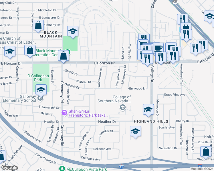map of restaurants, bars, coffee shops, grocery stores, and more near 628 Hidden Valley Drive in Henderson