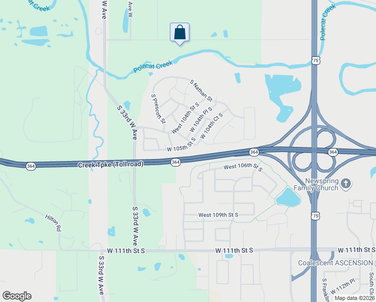 map of restaurants, bars, coffee shops, grocery stores, and more near 4034 West 105th Street South in Jenks