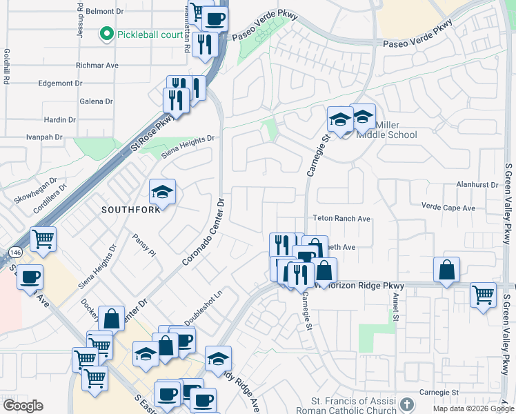 map of restaurants, bars, coffee shops, grocery stores, and more near 505 Enchanted Lakes Drive in Henderson