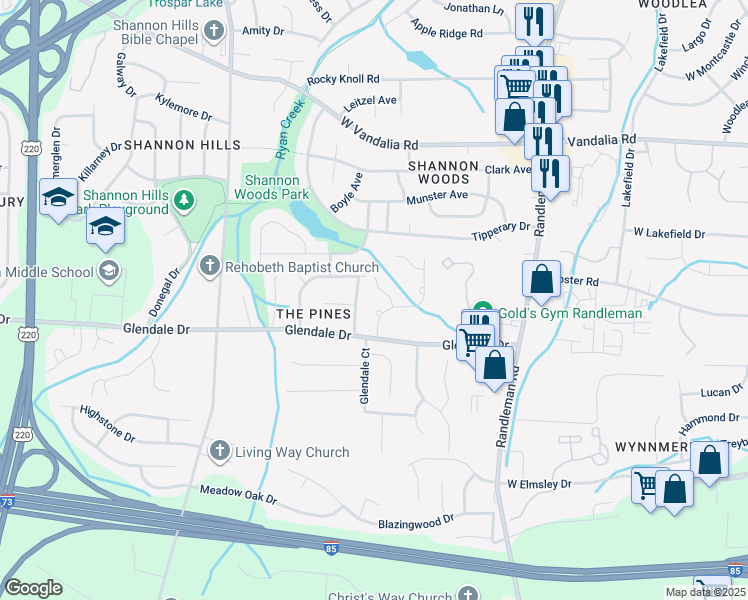 map of restaurants, bars, coffee shops, grocery stores, and more near 7 Ivyglen Court in Greensboro