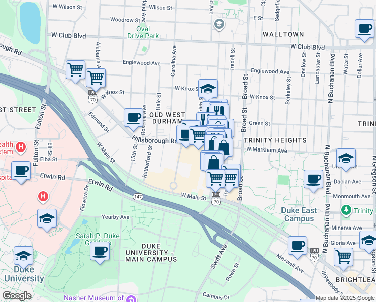 map of restaurants, bars, coffee shops, grocery stores, and more near 2107 Hillsborough Road in Durham