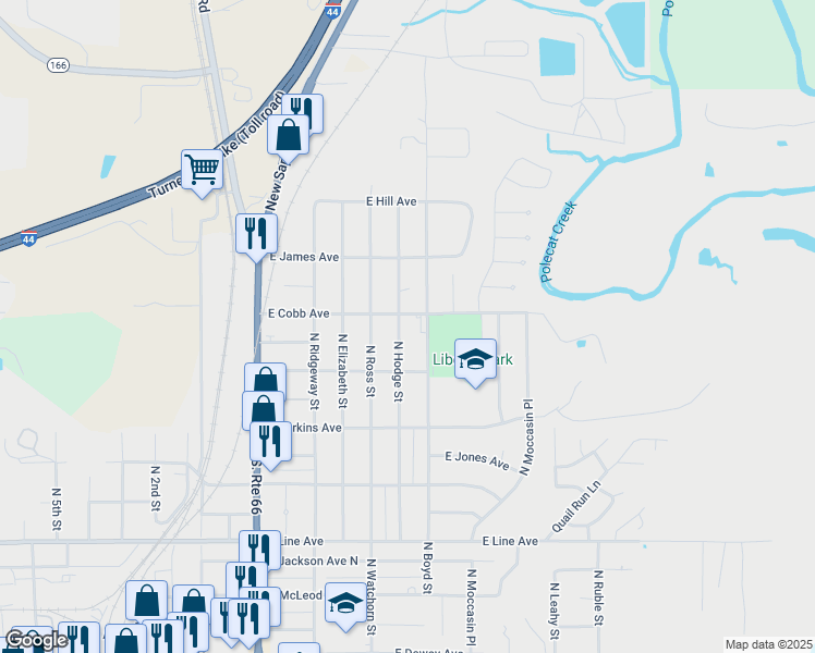 map of restaurants, bars, coffee shops, grocery stores, and more near 1409 East Cobb Avenue in Sapulpa