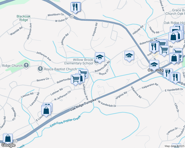 map of restaurants, bars, coffee shops, grocery stores, and more near 306 Jefferson Terminal Road in Oak Ridge