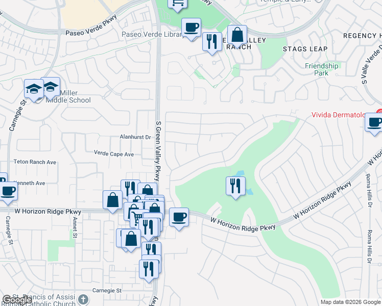 map of restaurants, bars, coffee shops, grocery stores, and more near 2164 Picture Rock Avenue in Henderson