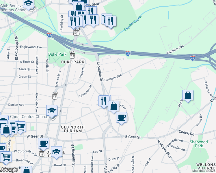map of restaurants, bars, coffee shops, grocery stores, and more near in Durham
