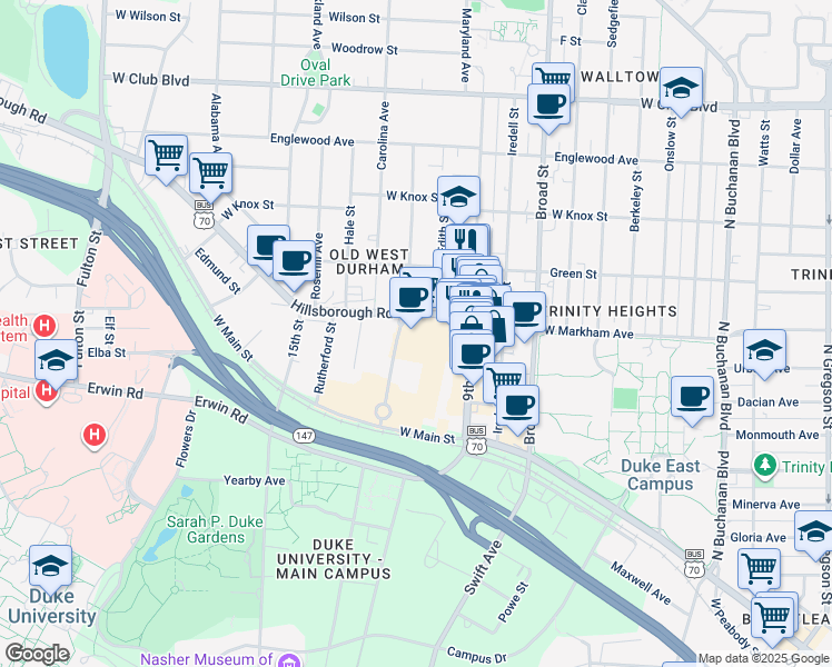 map of restaurants, bars, coffee shops, grocery stores, and more near in Durham
