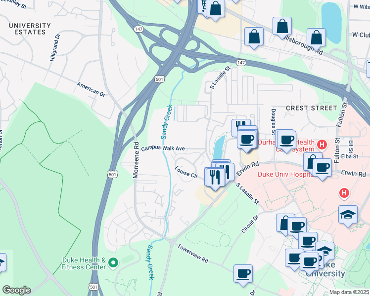 map of restaurants, bars, coffee shops, grocery stores, and more near 2748 Campus Walk Avenue in Durham