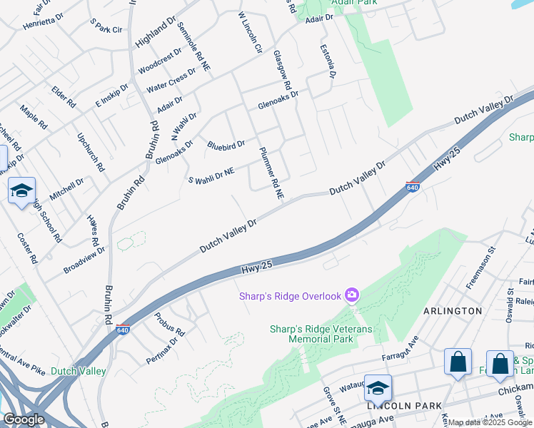 map of restaurants, bars, coffee shops, grocery stores, and more near 4217 Plummer Road Northeast in Knoxville