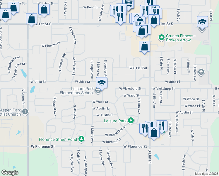 map of restaurants, bars, coffee shops, grocery stores, and more near 1005 West Utica Street in Broken Arrow