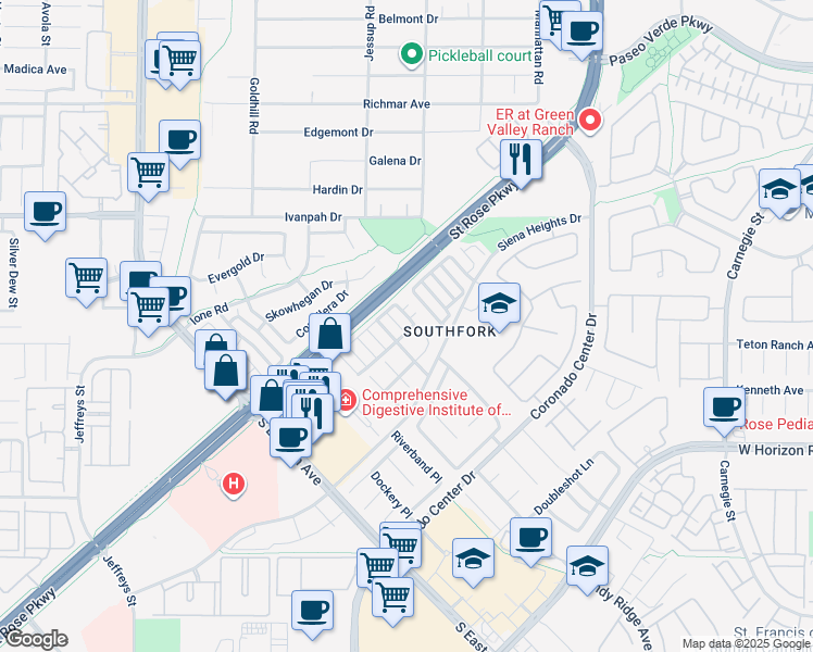 map of restaurants, bars, coffee shops, grocery stores, and more near 510 Crepes Place in Henderson