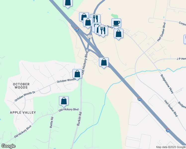 map of restaurants, bars, coffee shops, grocery stores, and more near 13153 Old Hickory Boulevard in Nashville