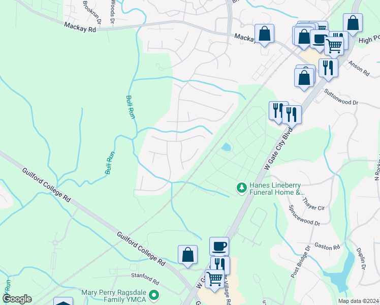map of restaurants, bars, coffee shops, grocery stores, and more near 5410 Creek Point Court in Greensboro