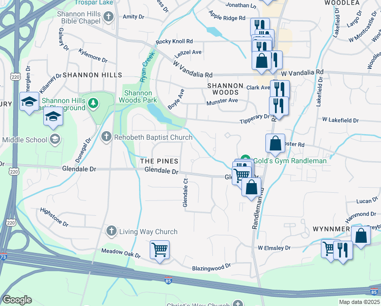 map of restaurants, bars, coffee shops, grocery stores, and more near 7 Ivyglen Court in Greensboro