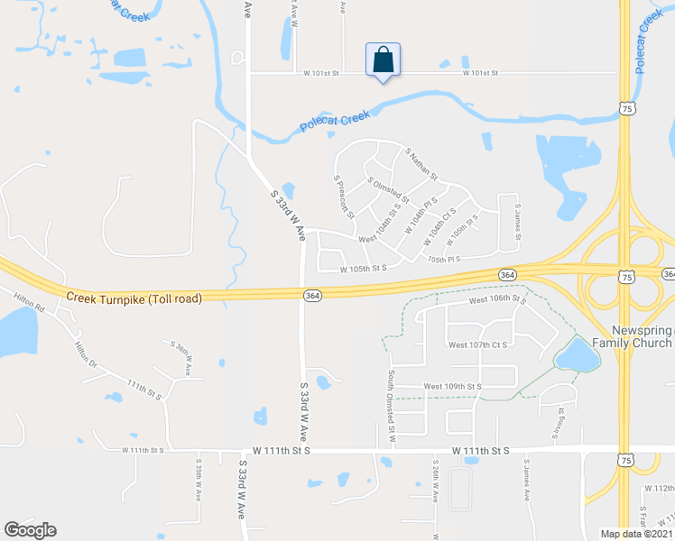 map of restaurants, bars, coffee shops, grocery stores, and more near 4114 West 105th Street South in Jenks
