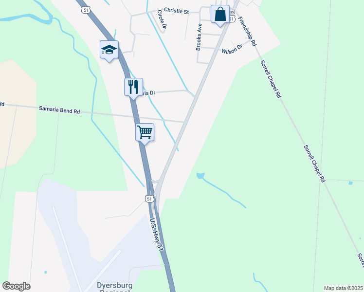 map of restaurants, bars, coffee shops, grocery stores, and more near 1270 South Main Avenue in Dyersburg