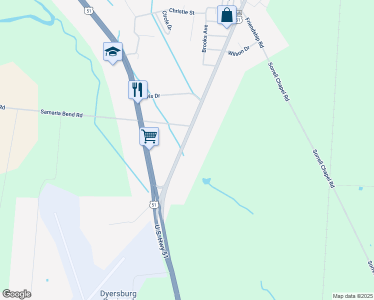 map of restaurants, bars, coffee shops, grocery stores, and more near 1270 South Main Avenue in Dyersburg