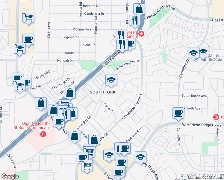 map of restaurants, bars, coffee shops, grocery stores, and more near 2655 Siena Heights Drive in Henderson