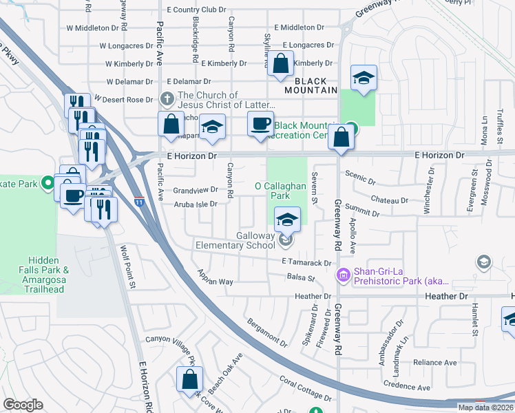 map of restaurants, bars, coffee shops, grocery stores, and more near 219 Sea Bluff Drive in Henderson