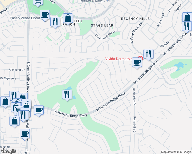 map of restaurants, bars, coffee shops, grocery stores, and more near 460 Edgefield Ridge Place in Henderson