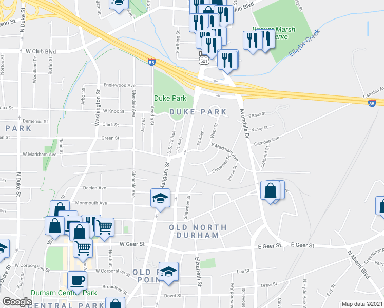 map of restaurants, bars, coffee shops, grocery stores, and more near 1602 North Roxboro Street in Durham